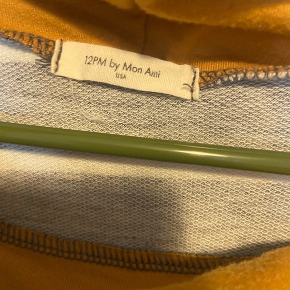 XL Striped Mustard Yellow Funnel Neck Top with Elbow Patches - Picture 2 of 3